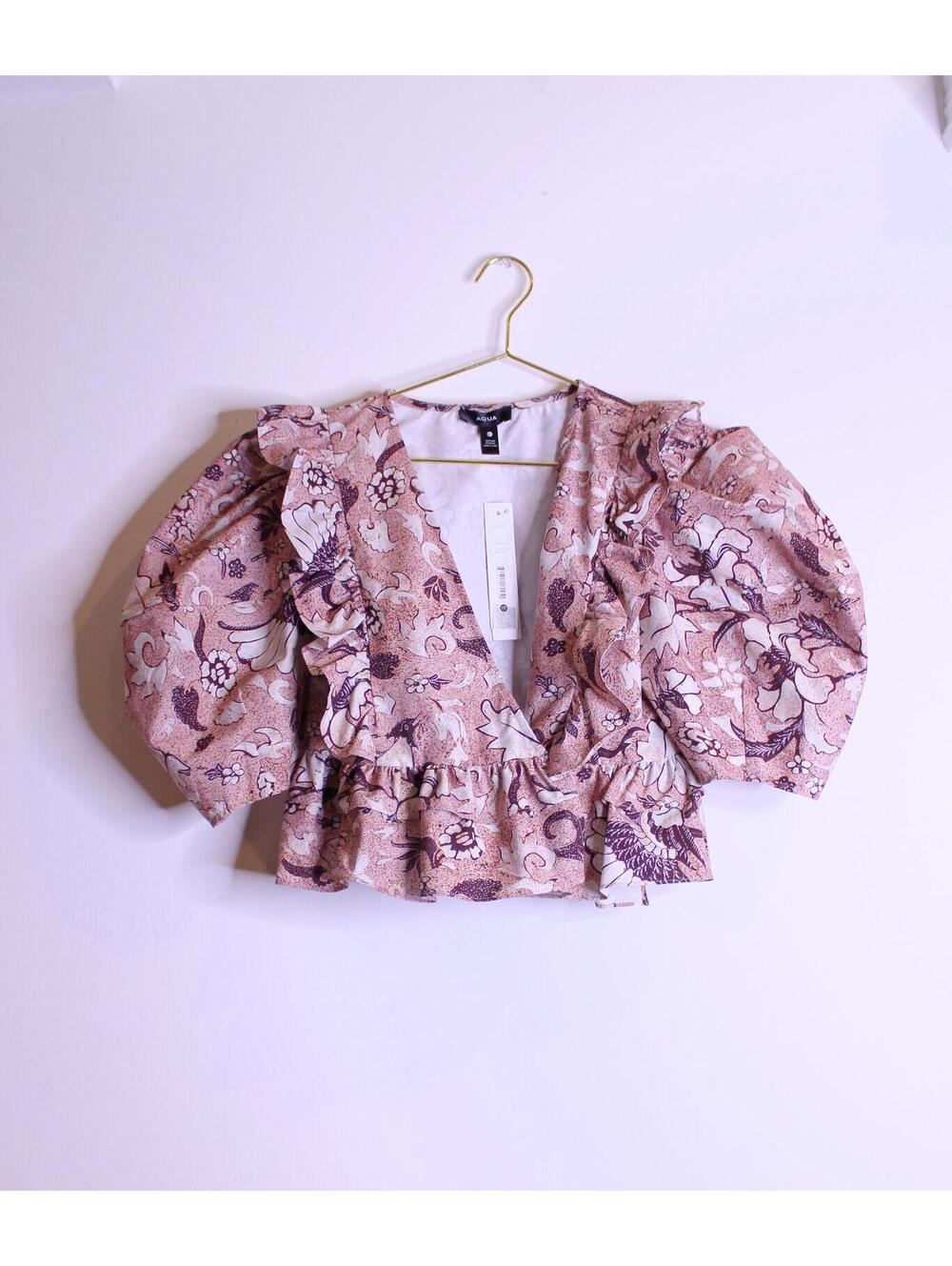 NWT AQUA Mauve Floral Peasant Style Crop Wrap Blouse - XS